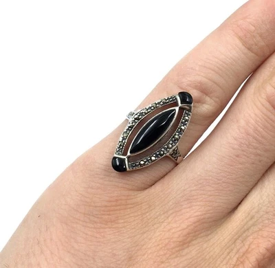 Anello in argento 925 onice marcasite donna dichiarazione gioielli moderno... - Immagine 1 di 4