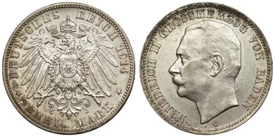 German Empire 3 Mark 1914 Baden - Friedrich II Silver Coin - Image 1 of 3