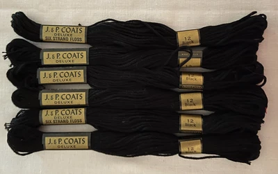 Six Skeins J&P COATS #12 Black 6-Strand Embroidery Cotton NIP - Image 1 of 2