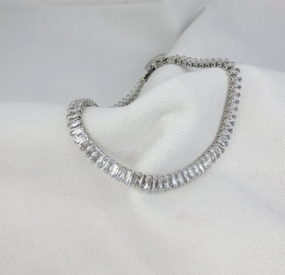 Brazalete Baguette Tenis Lleno Oro Blanco 18k 7.5" Transparente AAA CZ Ancho 4mm Foto 1 de 4