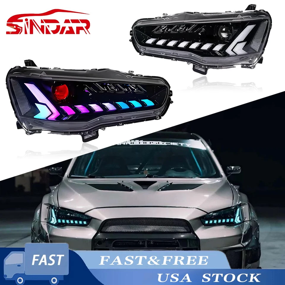 RGB LED Headlight For Mitsubishi Lancer EVO X 2008-2018 Head Front Lamps Pair - Image 1 of 4