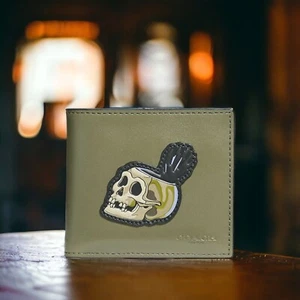 NWT COACH X DISNEY SKULL DOUBLE WALLET ARMY GREEN/BLACK 32633 Billfold - Picture 1 of 3