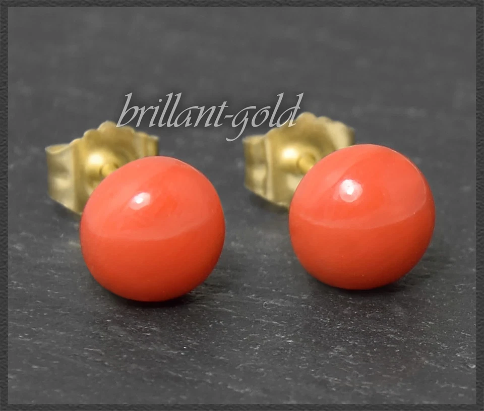 Ohrstecker rot Edel-Koralle Bouton 6, 7, 8 mm, aus 585 Gold, Damen Ohrringe - Bild 1 von 4