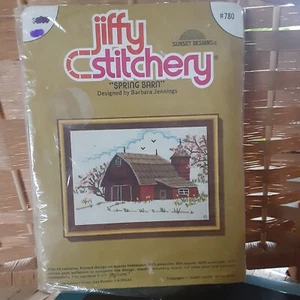Jiffy Stichery Spring Barn design. NO THREADS fits 5" by 7" frame - Picture 1 of 3