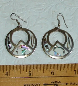 Vtg Alpaca Silver Abalone Inlay Disk EARRINGS, Mexico Dangle D22 - Picture 1 of 9