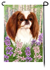 Spring Flowers Garden Flag - Red and White Japanese Chin - Picture 1 of 1