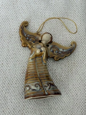 Rustic Golden Glazed Ceramic Pottery Angel Holding Bible Hanging Ornament  4.5” - Image 1 of 4