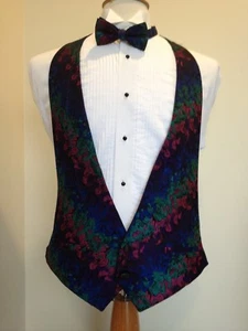 FORMAL VEST & BOWTIE SET MULTI FLORAL JEWEL TONE COLORS - EASY FIT ADJUSTABLE - Picture 1 of 2
