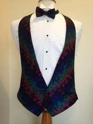 FORMAL VEST & BOWTIE SET MULTI FLORAL JEWEL TONE COLORS - EASY FIT ADJUSTABLE - Image 1 of 2