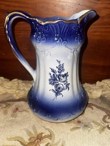 Antique RS Prussia Pitcher Blue & White Floral red mark gold no wash basin chic - Picture 1 of 11