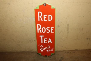 Letrero de metal de porcelana de empuje de palma puerta de tienda general té rosa roja raro de colección - Imagen 1 de 4