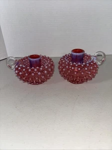 Vintage Fenton Cranberry Candle Holders Pair. White Opalescent Hobnail W/handles - Picture 1 of 7