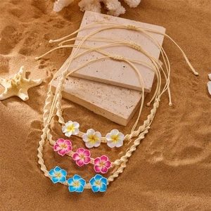 Handwoven Floral Shell Beaded Necklace Adjustable Soft Clay Beach Accessory - Picture 1 of 16
