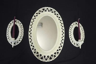 70s Burwood Faux Ratan Wall Mirror(30"x19") & 2 Sconces(15"x8.5"x5)White Plastic - Image 1 of 4