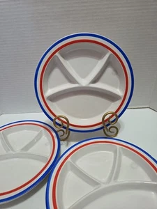 3 Vtg JSC Handcrafted Stoneware Divided Plates White W/Red Blue Rims 8½" Set/3 - Picture 1 of 13