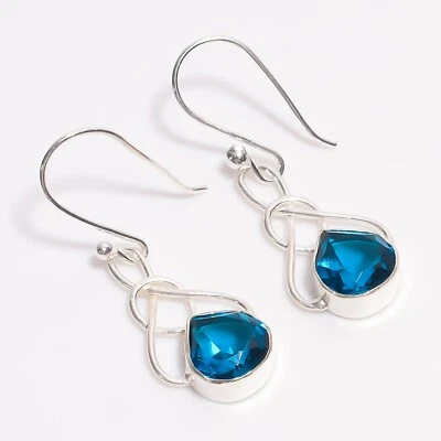 Brincos étnicos de prata esterlina 925 com gota/pingente de pedra preciosa azul natural apatita - Imagem 1 de 4