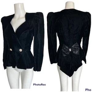 Vintage 80er Jahre schwarz Samt Hammel Ärmel Schößchen Blazer Strass Schleife Gr. S 4-6 - Bild 1 von 9
