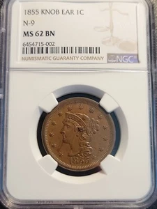 1855 Knob on Ear Slanted 5's Braided Hair Large Cent N-9 NGC MS-62BN Very Rare - Picture 1 of 3