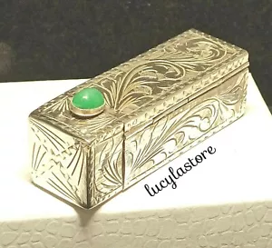 VINTAGE Italien SILBER 800 GEÄTZTER LIPPENSTIFT ETUI HALTER Cabochon Jade mit Spiegel - Bild 1 von 12