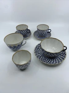 8 Pc Authentic Imperial Porcelain Cobalt Net Cups Saucers Plate - MINT Lomonosov - Picture 1 of 12