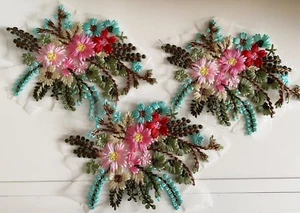 3pcs Colourful Embroidered Floral Lace Applique Patches 3D Cotton Flower Motif - Picture 1 of 7