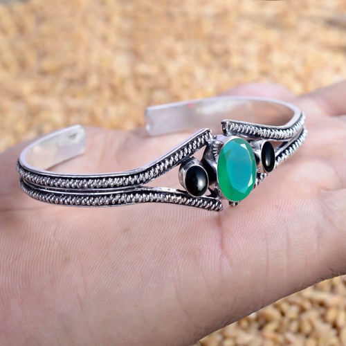 VALENTINO Bracciale Braccialetto Argento Sterling 925 Onice Verde Ovale Pietra Preziosa Onice Nero