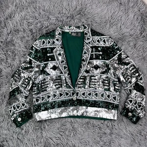 Vintage 80s MODI Cardigan Jacket Green Silver Sequins Geometric Pattern Silk - Picture 1 of 15