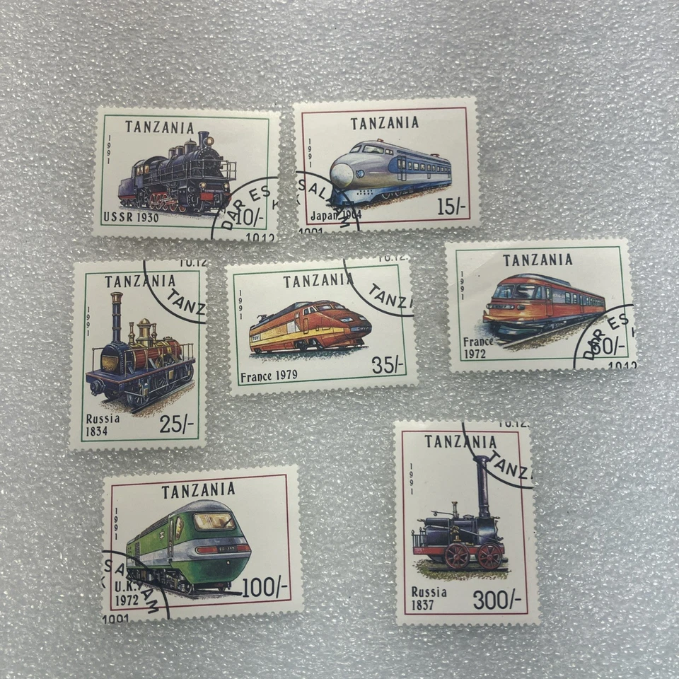 7 USED Tanzania 1991 Locomotives of the World Stamps, Sc. # 800-06. $1 Ships. - Image 1 of 4