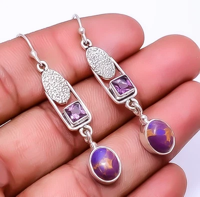 Copper Purple Turquoise & Purple Amethyst 925 Sterling Silver Earring 2.11" E48 - Image 1 of 4