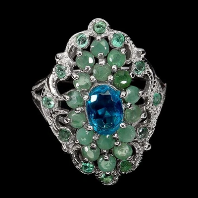 Anillo de plata de ley 925 ovalado ópalo azul 8x6 mm esmeralda piedras preciosas joyería tamaño 8,5 Foto 1 de 4