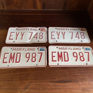 Vintage Maryland License Plates 2976 1980 EYY 748 EMD 987 Red On White 2 Sets - Picture 1 of 8