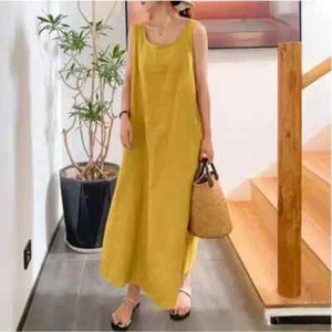 Abito donna cotone lino smanicato donna casual girocollo maxi prendisole - Foto 1 di 30