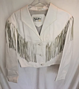 MUJER PIONEER WEAR WESTERN Chaqueta de Cuero con Flecos Blanca Vintage Talla M 42" - Imagen 1 de 8
