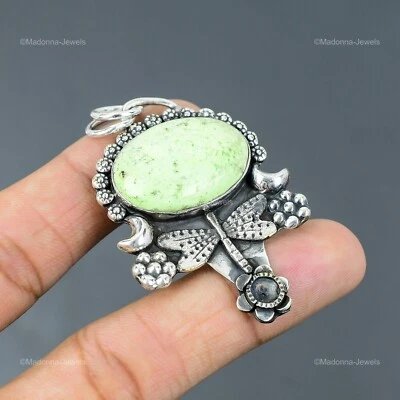 Ювелирные изделия с подвеской в виде этнической стрекозы из серебра 925 пробы с овальным натуральным лимоном хризопразом - Изображение 1 из 4