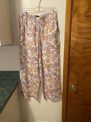 Nicole Miller Linen Pants Size Large Elastic Waist Floral Crop 75343 See Note - Image 1 of 4