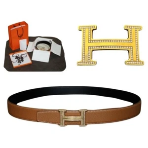 HERMES H 18CT GOLD & DIAMOND EXTRA LARGE BELT BUCKLE ON REVERSIBLE LEATHER BELT - Picture 1 of 22