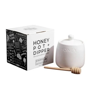 BUSHWICK KITCHEN White Ceramic Honeypot Jar with Lid & Wooden Dipper 14 oz NEW! - Picture 1 of 7