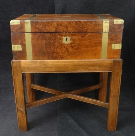 Antique Mahogany Burlwood Portable Lap Desk w/Brass Accents. 20 ¾” t x 18 ½” w Cover