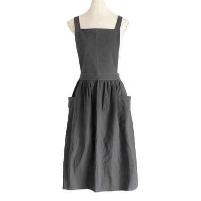 Mujeres Algodón Lino Vestido Delantal Cruz Espalda Delantal Tareas Domésticas Floristería Hornear Envoltura Foto 1 de 4