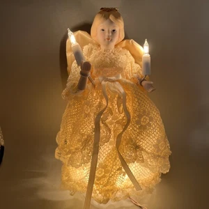 Vintage Engel Baumspitze Porzellankopf & Hände 10 Lichter Satin Flügel blond 10" - Bild 1 von 14