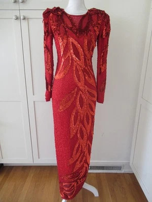 80s NOS Vintage De Oscar Collection Red Sequin Beaded Dress Party Cocktail 4  XS - Image 1 of 4