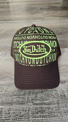 Sombrero de papá bordado con parche trasero a presión Von Dutch Originals (marrón y verde neón) Foto 1 de 2