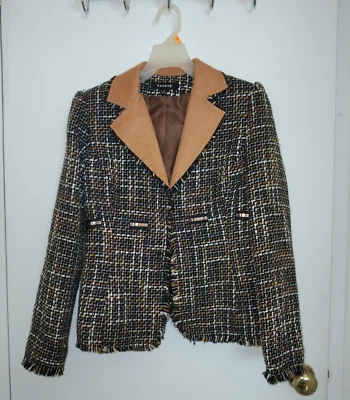 Women's Prague Lined Brown Tweed Jacket/Blazer Suede Collar Size 4 - Image 1 of 4