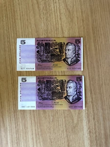 2x 1990 Australian Paper $5 Bank Note - Fraser/Higgins - Picture 1 of 2