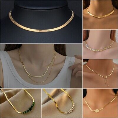 925 Silver Gold Women Flat Snake Bone Chain Necklace Cubic Zirconia Jewelry Gift • 3.24€