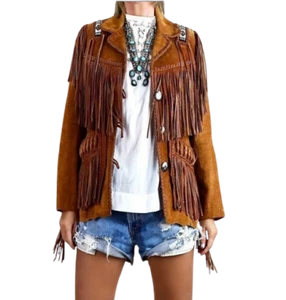 Women Suede Western Style Leather Jacket With Fringe & Bead Work - Brown - Picture 1 of 4