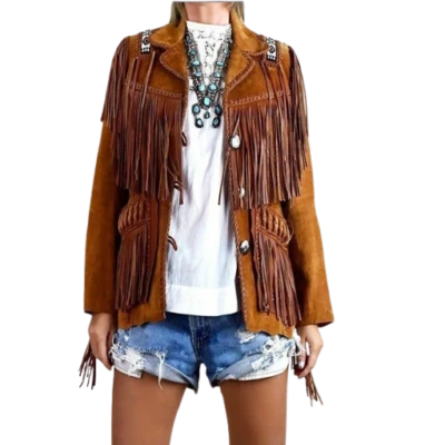 Women Suede Western Style Leather Jacket With Fringe & Bead Work - Brown - Image 1 of 4