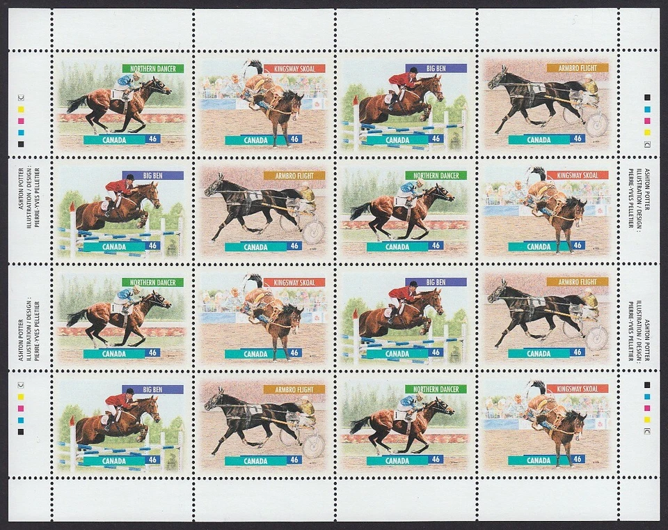 CANADIAN HORSES = full sheet of 16 stamps = CANADA 1999 #1794a - Image 1 of 2