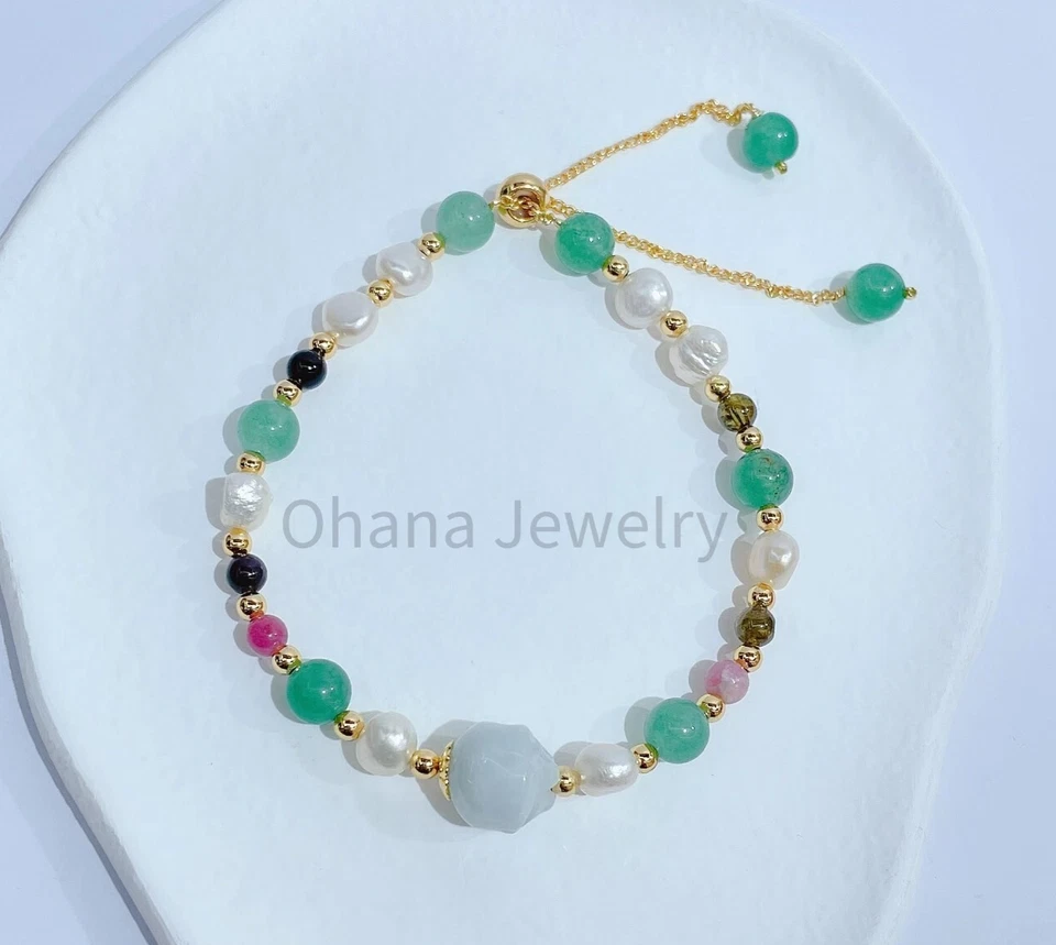 Pulsera de cobre ajustable turmalina perla de agua dulce jade verde natural loto Foto 1 de 1