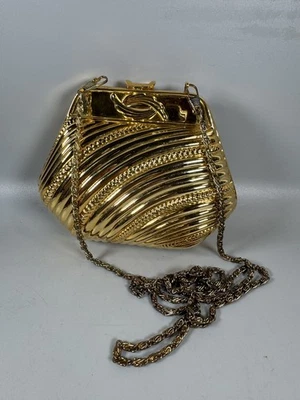 Vintage 1960s Gold Metal Shell Clutch Purse Mid-Century Evening Bag - Image 1 of 4